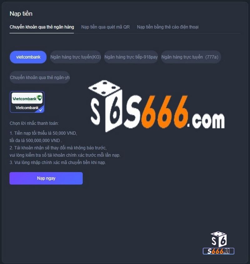 Hình thức nạp S666 bằng chuyển tiền tài khoản